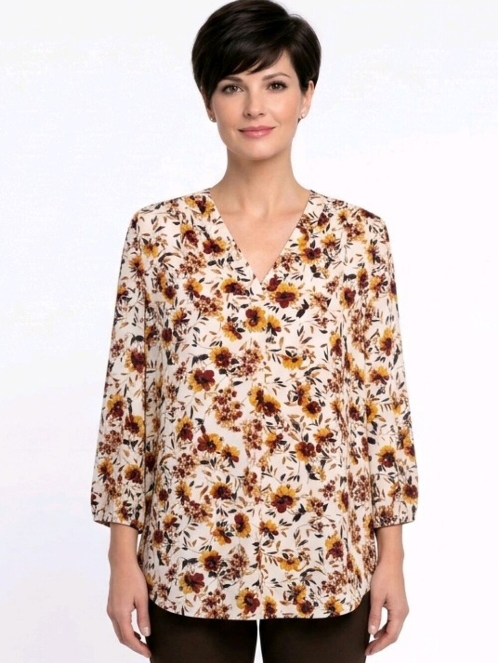 Jones New York Kelly Ivory Floral V-Neck 3/4 Sleeve Pull-Over Blouse Size MP